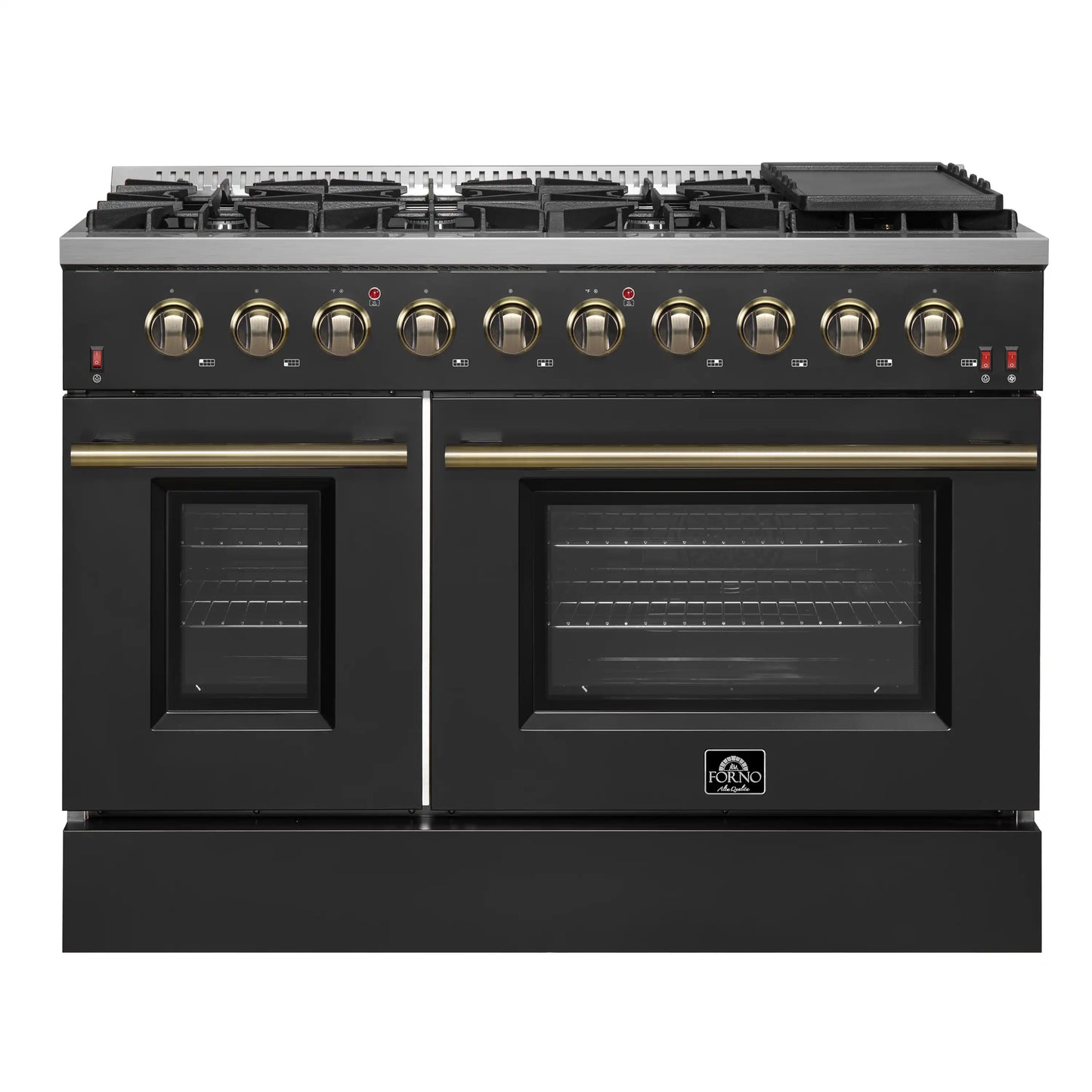 Forno 5-Piece Appliance Package - 48-Inch Gas Range, Wall Mount Range Hood, 36-Inch Refrigerator, Dishwasher, and 24-Inch Microwave Drawer in Black with Antique Brass Handle - AP5-6244-48BLK-5095-MD24