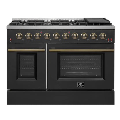 Forno 5-Piece Appliance Package - 48-Inch Gas Range, Wall Mount Range Hood, 36-Inch Refrigerator, Dishwasher, and 24-Inch Microwave Drawer in Black with Antique Brass Handle - AP5-6244-48BLK-5095-MD24