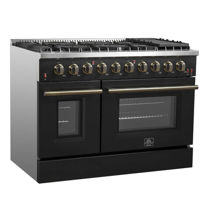 Forno 5-Piece Appliance Package - 48-Inch Gas Range, 60-Inch Convertible Refrigerator with Modern Trim, Dishwasher, and 24-Inch Microwave Oven in Black with Antique Brass Handle - AP5-6244-48BLK-MWO24-60MG