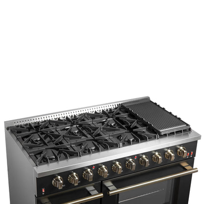 Forno Galiano 48-Inch Gas Range with 8 Burners and  6.58 Cu.Ft. Double Convection Oven in Black with Antique Brass Trim  - FFSGS6244-48BLK