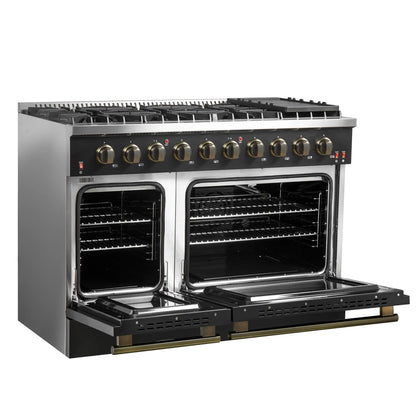 Forno 5-Piece Appliance Package - 48-Inch Gas Range, 60-Inch Convertible Refrigerator with Modern Trim, Dishwasher, and 30-Inch Microwave Drawer in Black with Antique Brass Handle - AP5-6244-48BLK-MWD30-60MG