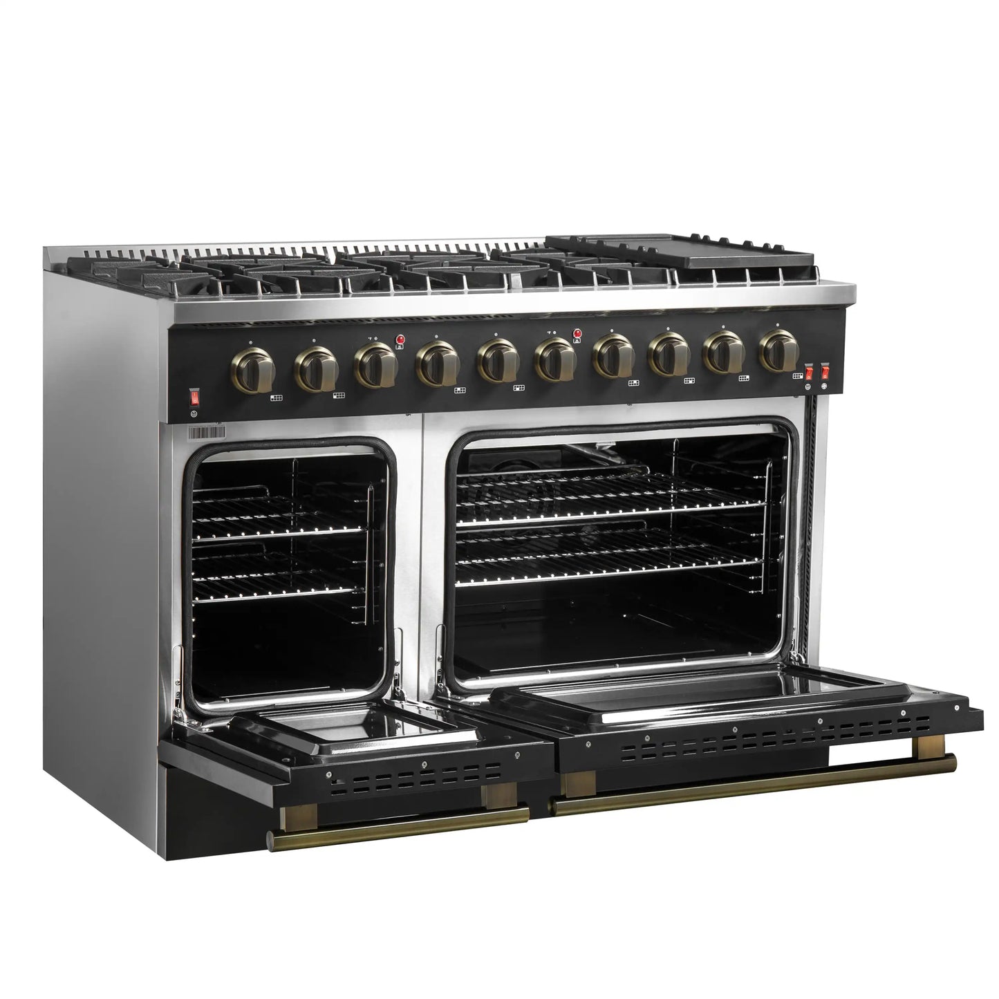 Forno 5-Piece Appliance Package - 48-Inch Gas Range, Wall Mount Range Hood, 36-Inch Refrigerator, Dishwasher, and 30-Inch Microwave Drawer in Black with Antique Brass Handle - AP5-6244-48BLK-5095-MD30