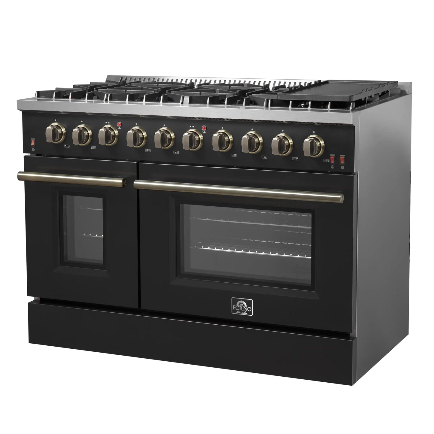 Forno 5-Piece Appliance Package - 48-Inch Gas Range, 60-Inch Convertible Refrigerator with Modern Trim, Dishwasher, and 30-Inch Microwave Drawer in Black with Antique Brass Handle - AP5-6244-48BLK-MWD30-60MG