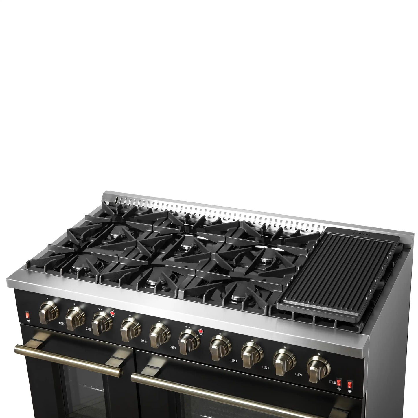 Forno 5-Piece Appliance Package - 48-Inch Gas Range, 60-Inch Convertible Refrigerator with Modern Trim, Dishwasher, and 30-Inch Microwave Drawer in Black with Antique Brass Handle - AP5-6244-48BLK-MWD30-60MG