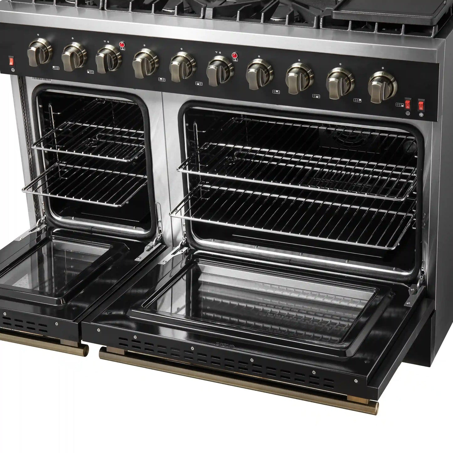 Forno 5-Piece Appliance Package - 48-Inch Gas Range, 60-Inch Convertible Refrigerator with Modern Trim, Dishwasher, and 30-Inch Microwave Drawer in Black with Antique Brass Handle - AP5-6244-48BLK-MWD30-60MG