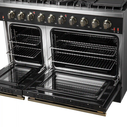 Forno 5-Piece Appliance Package - 48-Inch Gas Range, Wall Mount Range Hood, 60-Inch Refrigerator, Dishwasher, and 30-Inch Microwave Drawer in Black with Antique Brass Handle - AP5-6244-48BLK-5095-60MG-MD30