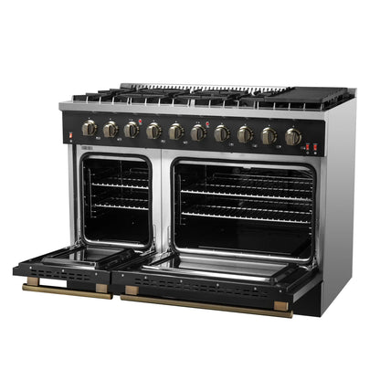 Forno 5-Piece Appliance Package - 48-Inch Gas Range, 60-Inch Convertible Refrigerator with Modern Trim, Dishwasher, and 30-Inch Microwave Drawer in Black with Antique Brass Handle - AP5-6244-48BLK-MWD30-60MG