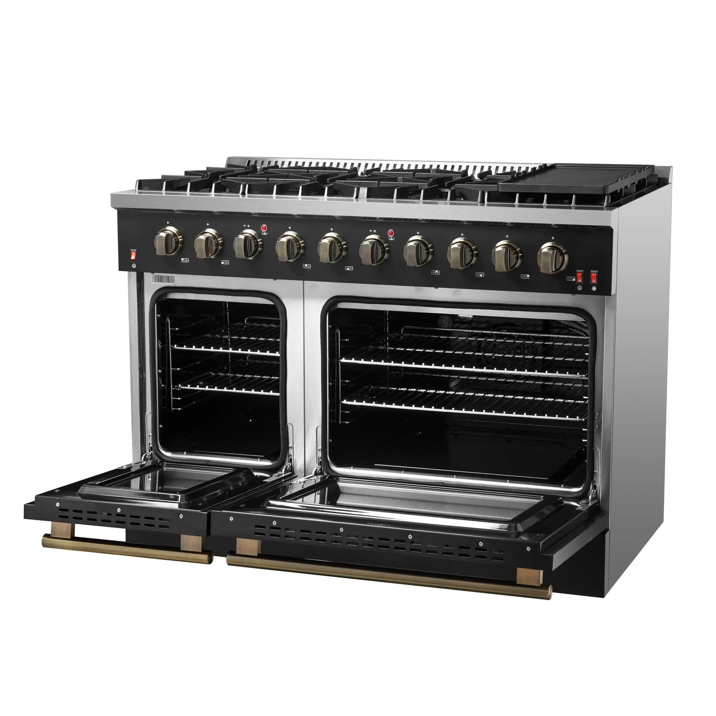 Forno 5-Piece Appliance Package - 48-Inch Gas Range, Wall Mount Range Hood, 36-Inch Refrigerator, Dishwasher, and 24-Inch Microwave Drawer in Black with Antique Brass Handle - AP5-6244-48BLK-5095-MD24