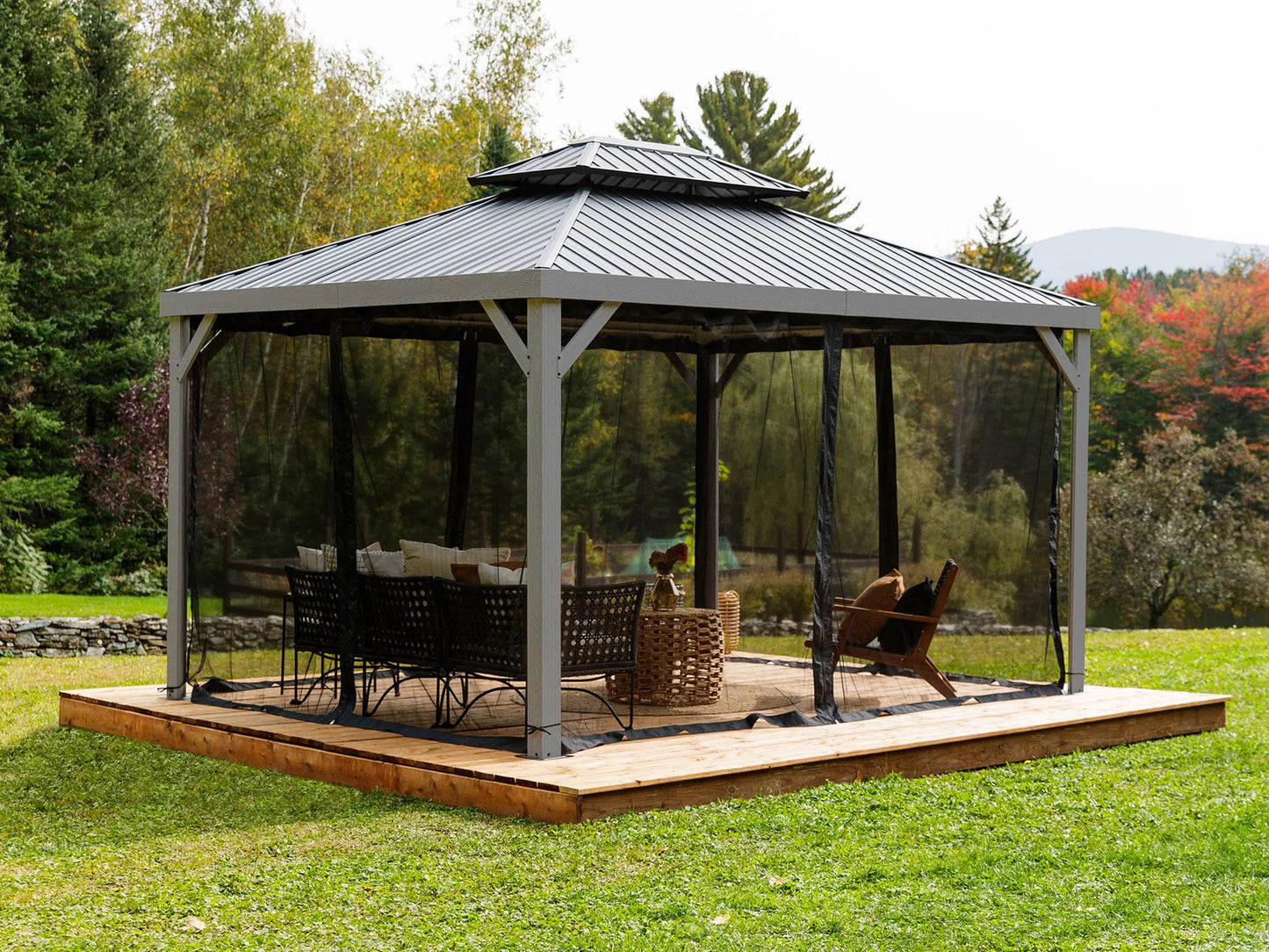 Yosemite 10x12 ft. Gazebo–Galvanized Double Roof, Aluminum Posts, Wood Finish