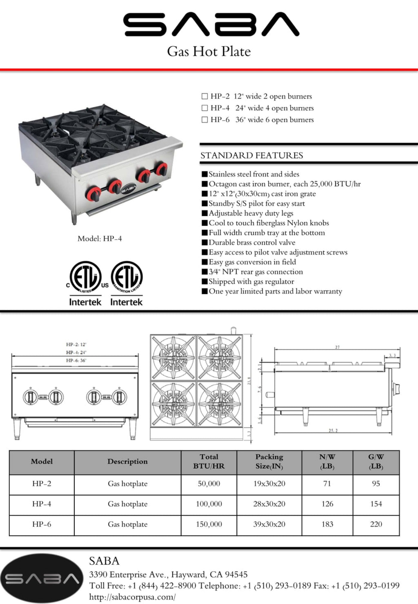 SABA Commercial Gas Hotplate Cooker -  HP-2