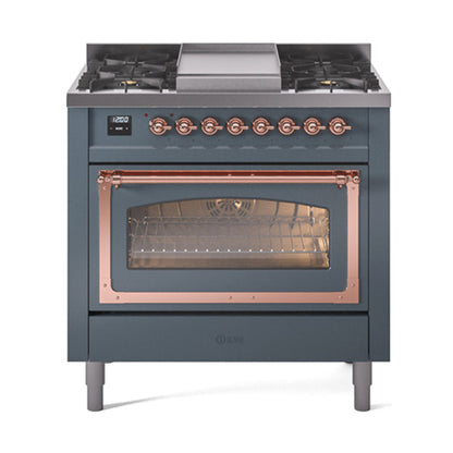 GREE ILVE 36 Inch Nostalgie II Noblesse Freestanding Dual Fuel Range with 6 Sealed Burners, Griddle with Copper Trim - UN36FNMPAWP