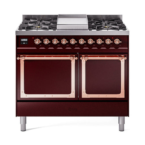 GREE ILVE 40 Inch Nostalgie II Noblesse Freestanding Dual Fuel Range with 6 Sealed Burners, Griddle, Solid Door with Copper Trim - UND40FQNMPBUP