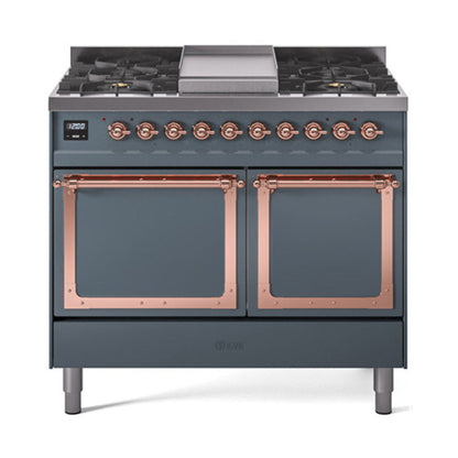 GREE ILVE 40 Inch Nostalgie II Noblesse Freestanding Dual Fuel Range with 6 Sealed Burners, Griddle, Solid Door with Copper Trim - UND40FQNMPBUP