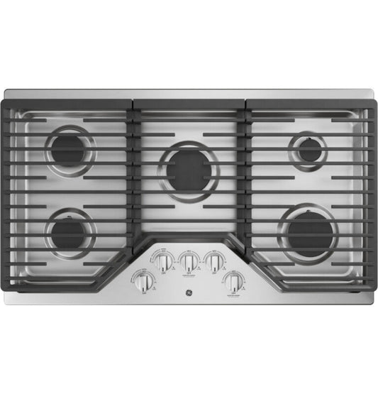 GE Appliances  36" Built-In Gas Cooktop with 5 Burners and Dishwasher Safe Grates Stainless Steel - JGP5036SLSS