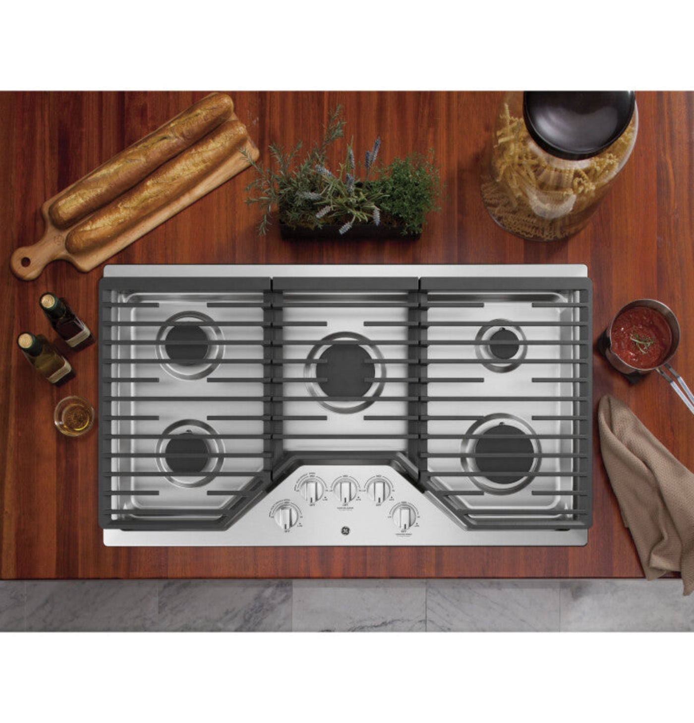 GE Appliances  36" Built-In Gas Cooktop with 5 Burners and Dishwasher Safe Grates Stainless Steel - JGP5036SLSS