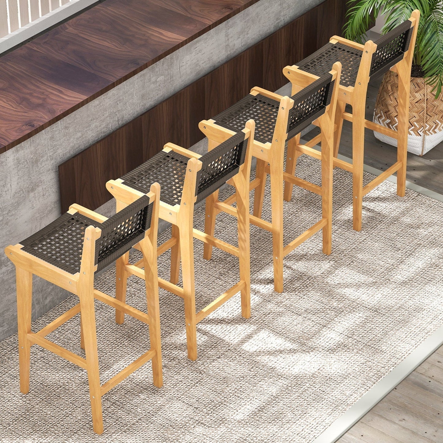 Tangkula Teak Wood Bar Chair, 30” Rattan Bar Stool with Backrest & Footrest - JV11897