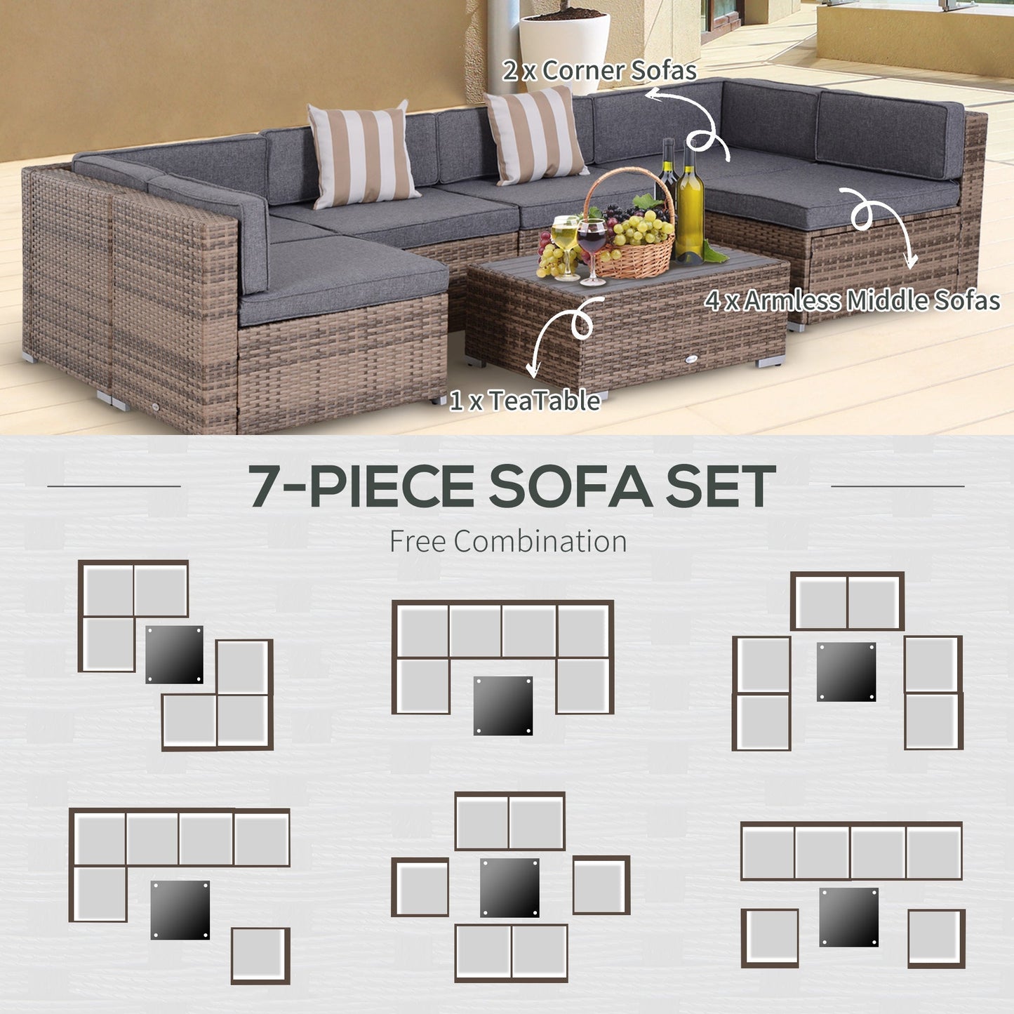 Outsunny 7-Piece Outdoor Rattan Conversation Set with Cushions and Tea Table, Gray - 860-020V03