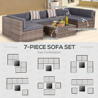 Outsunny 7-Piece Outdoor Rattan Conversation Set with Cushions and Tea Table, Gray - 860-020V03