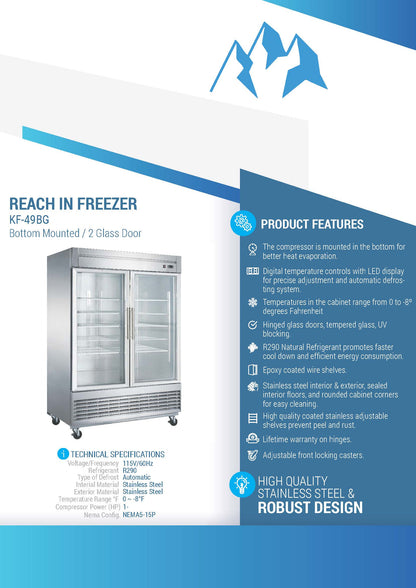Chef AAA 55" 2 Glass Door Reach-in Freezer 40.72cu.ft NSF - KF-49BG