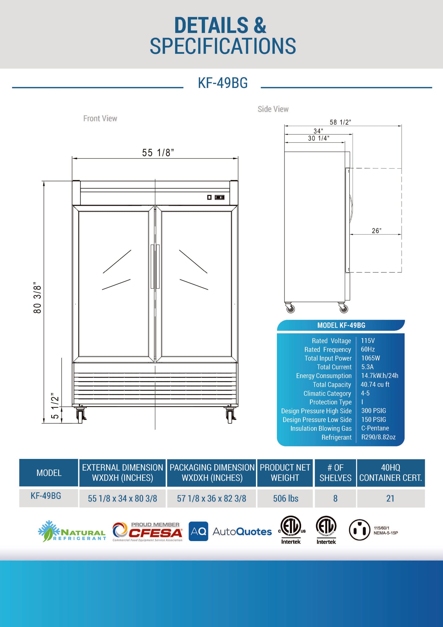 Chef AAA 55" 2 Glass Door Reach-in Freezer 40.72cu.ft NSF - KF-49BG