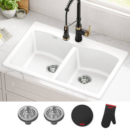 KRAUS Forteza 33” Granite Drop-In or Undermount 50/50 Double Bowl White Kitchen Sink - KGD-52WHITE