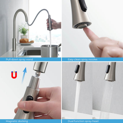 KIBI Napa Single Handle High Arc Pull Down Kitchen Faucet With Soap Dispenser in Brushed Nickel Finish - C-KKF2005BN-KSD100BN