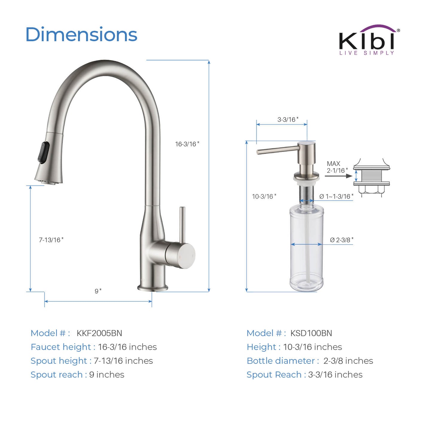 KIBI Napa Single Handle High Arc Pull Down Kitchen Faucet With Soap Dispenser in Brushed Nickel Finish - C-KKF2005BN-KSD100BN