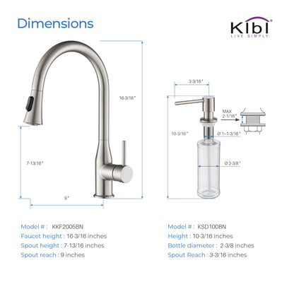 KIBI Napa Single Handle High Arc Pull Down Kitchen Faucet With Soap Dispenser in Brushed Nickel Finish - C-KKF2005BN-KSD100BN
