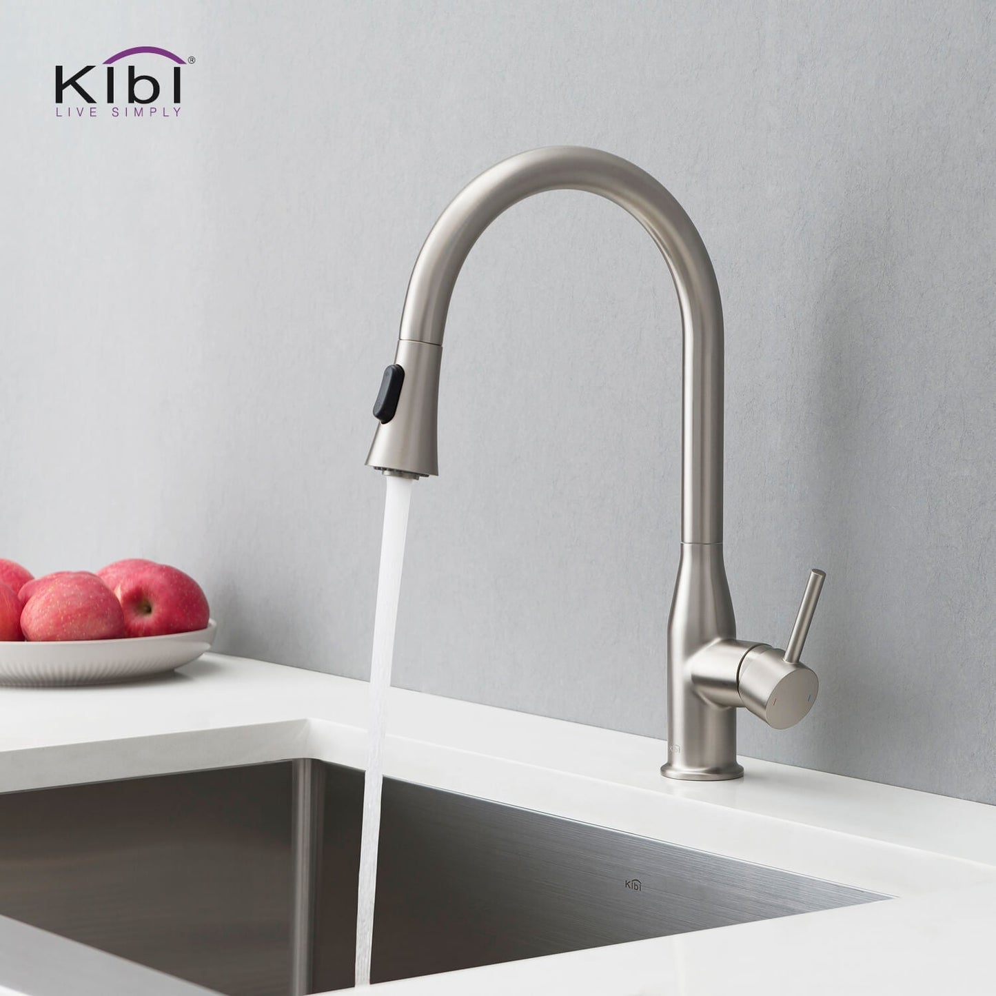 KIBI Napa Single Handle High Arc Pull Down Kitchen Faucet With Soap Dispenser in Brushed Nickel Finish - C-KKF2005BN-KSD100BN