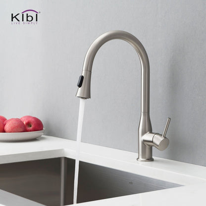 KIBI Napa Single Handle High Arc Pull Down Kitchen Faucet With Soap Dispenser in Brushed Nickel Finish - C-KKF2005BN-KSD100BN