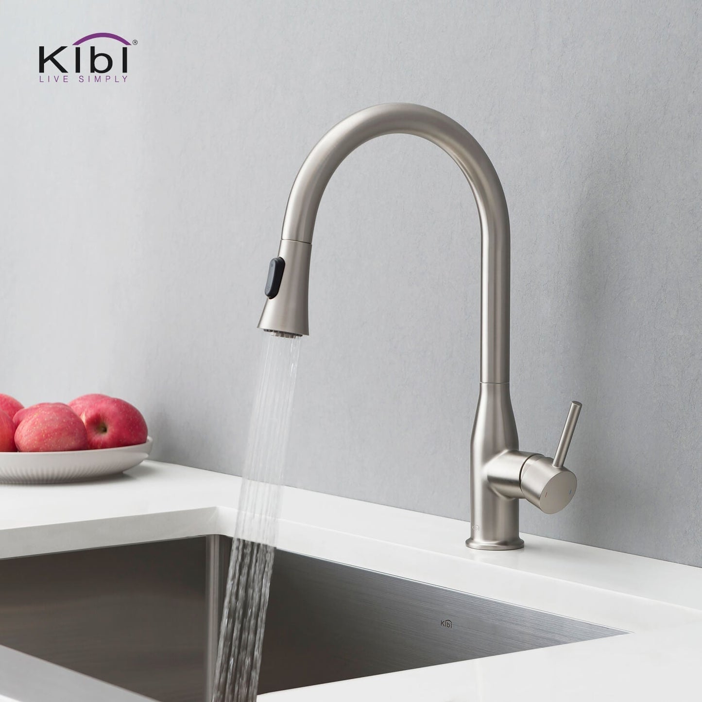 KIBI Napa Single Handle High Arc Pull Down Kitchen Faucet With Soap Dispenser in Brushed Nickel Finish - C-KKF2005BN-KSD100BN