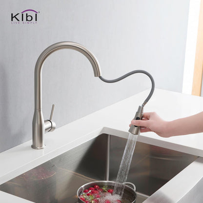 KIBI Napa Single Handle High Arc Pull Down Kitchen Faucet With Soap Dispenser in Brushed Nickel Finish - C-KKF2005BN-KSD100BN
