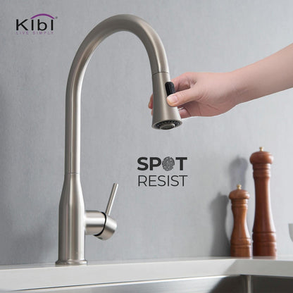 KIBI Napa Single Handle High Arc Pull Down Kitchen Faucet With Soap Dispenser in Brushed Nickel Finish - C-KKF2005BN-KSD100BN