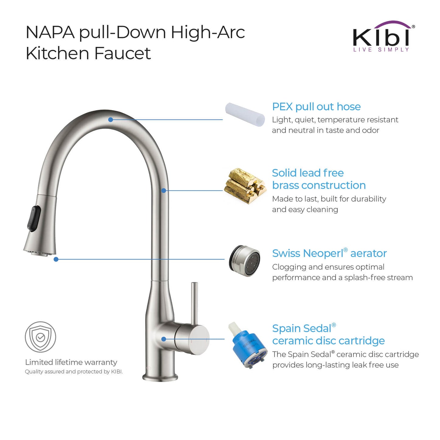 KIBI Napa Single Handle High Arc Pull Down Kitchen Faucet With Soap Dispenser in Brushed Nickel Finish - C-KKF2005BN-KSD100BN