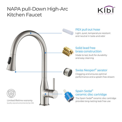 KIBI Napa Single Handle High Arc Pull Down Kitchen Faucet With Soap Dispenser in Brushed Nickel Finish - C-KKF2005BN-KSD100BN