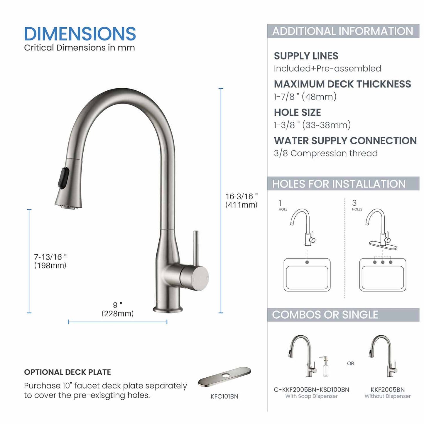 KIBI Napa Single Handle High Arc Pull Down Kitchen Faucet With Soap Dispenser in Brushed Nickel Finish - C-KKF2005BN-KSD100BN