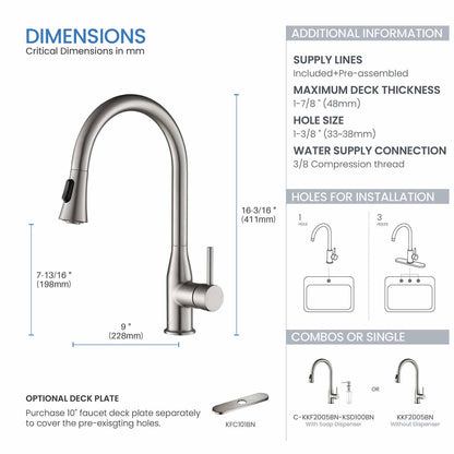 KIBI Napa Single Handle High Arc Pull Down Kitchen Faucet With Soap Dispenser in Brushed Nickel Finish - C-KKF2005BN-KSD100BN