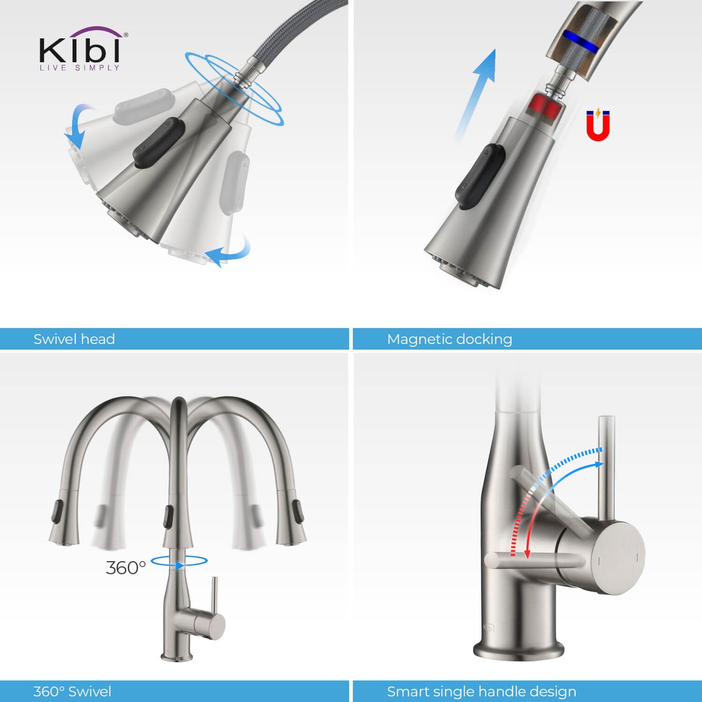 KIBI Napa Single Handle High Arc Pull Down Kitchen Faucet With Soap Dispenser in Brushed Nickel Finish - C-KKF2005BN-KSD100BN