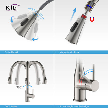 KIBI Napa Single Handle High Arc Pull Down Kitchen Faucet With Soap Dispenser in Brushed Nickel Finish - C-KKF2005BN-KSD100BN
