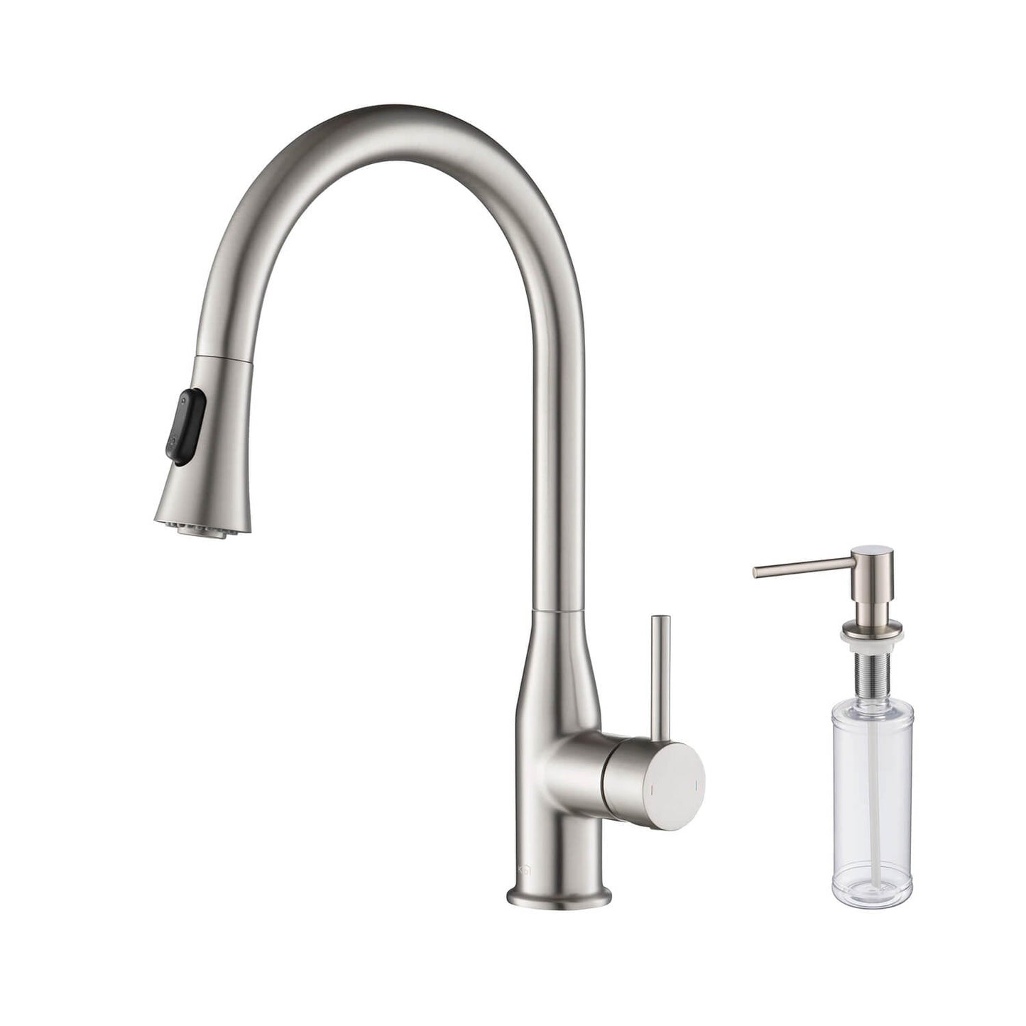 KIBI Napa Single Handle High Arc Pull Down Kitchen Faucet With Soap Dispenser in Brushed Nickel Finish - C-KKF2005BN-KSD100BN