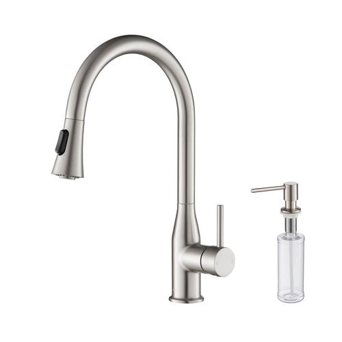 KIBI Napa Single Handle High Arc Pull Down Kitchen Faucet With Soap Dispenser in Brushed Nickel Finish - C-KKF2005BN-KSD100BN