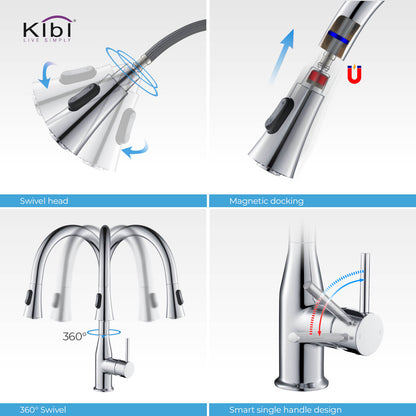 KIBI Napa Single Handle High Arc Pull Down Kitchen Faucet With Soap Dispenser in Chrome Finish - C-KKF2005CH-KSD100CH