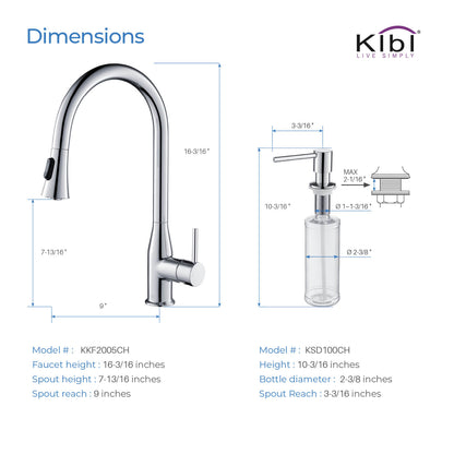 KIBI Napa Single Handle High Arc Pull Down Kitchen Faucet With Soap Dispenser in Chrome Finish - C-KKF2005CH-KSD100CH