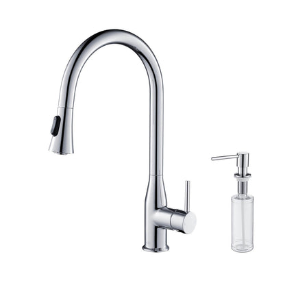 KIBI Napa Single Handle High Arc Pull Down Kitchen Faucet With Soap Dispenser in Chrome Finish - C-KKF2005CH-KSD100CH