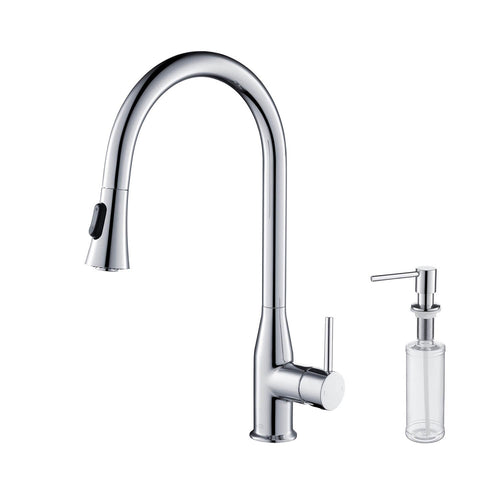 KIBI Napa Single Handle High Arc Pull Down Kitchen Faucet With Soap Dispenser in Chrome Finish - C-KKF2005CH-KSD100CH