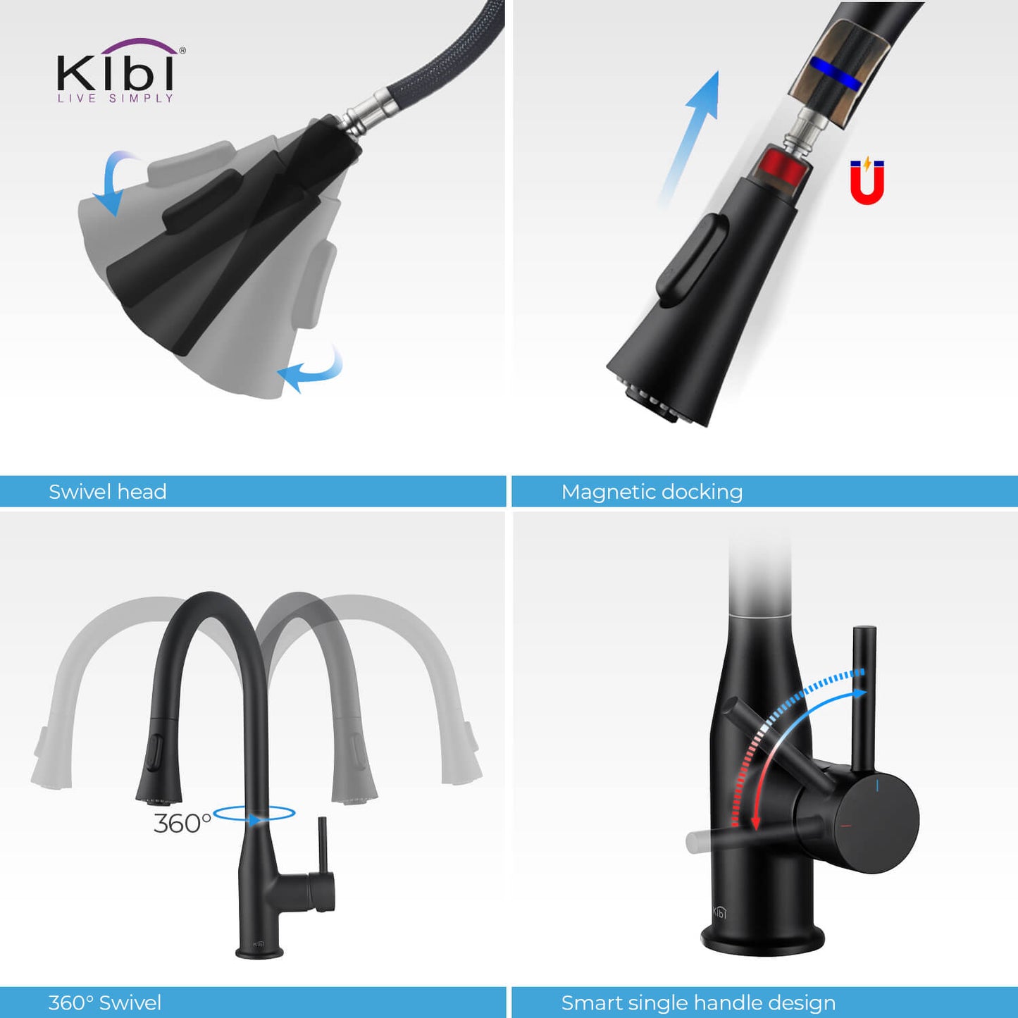 KIBI Napa Single Handle High Arc Pull Down Kitchen Faucet With Soap Dispenser in Matte Black Finish - C-KKF2005MB-KSD100MB