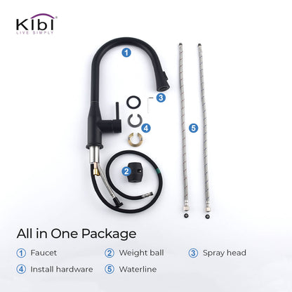 KIBI Napa Single Handle High Arc Pull Down Kitchen Faucet With Soap Dispenser in Matte Black Finish - C-KKF2005MB-KSD100MB