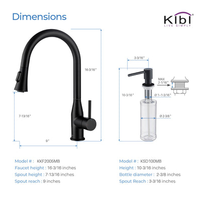 KIBI Napa Single Handle High Arc Pull Down Kitchen Faucet With Soap Dispenser in Matte Black Finish - C-KKF2005MB-KSD100MB