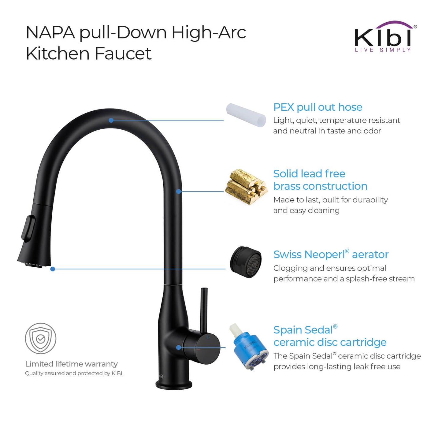 KIBI Napa Single Handle High Arc Pull Down Kitchen Faucet With Soap Dispenser in Matte Black Finish - C-KKF2005MB-KSD100MB
