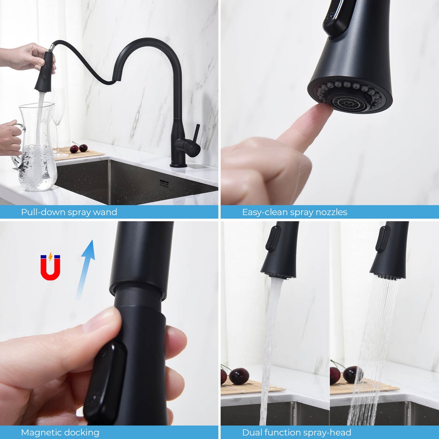 KIBI Napa Single Handle High Arc Pull Down Kitchen Faucet With Soap Dispenser in Matte Black Finish - C-KKF2005MB-KSD100MB